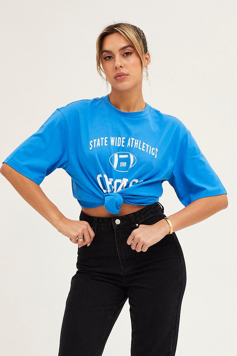 GRAPHIC TEE Blue Crew Neck Oversized Tee for Women by Ally