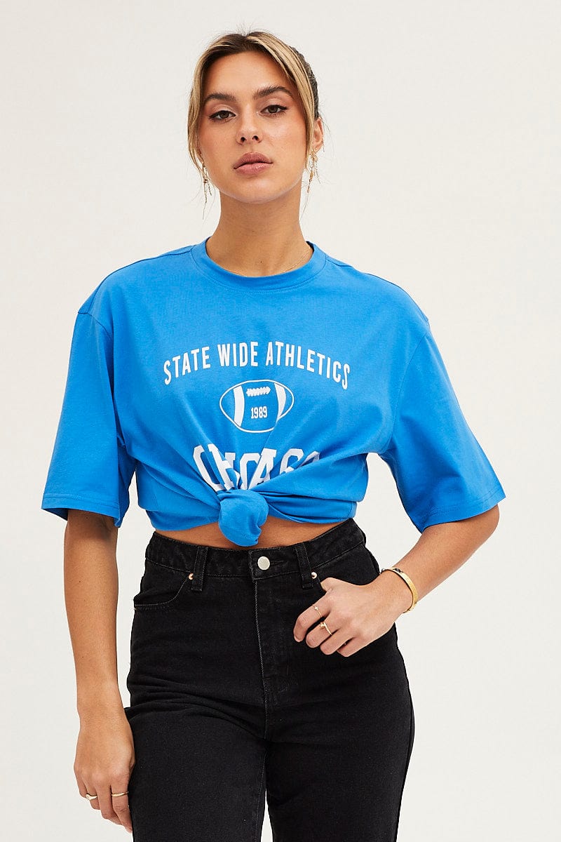 GRAPHIC TEE Blue Crew Neck Oversized Tee for Women by Ally