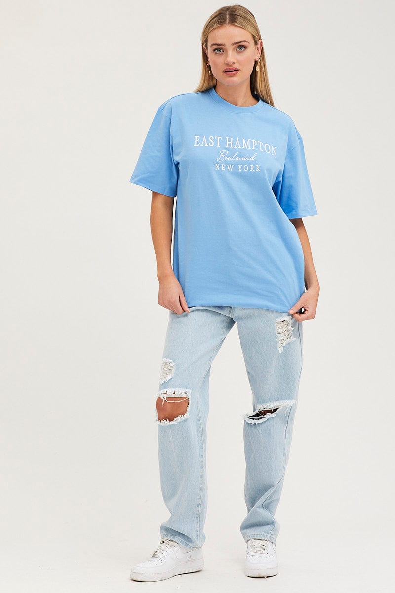 GRAPHIC TEE Blue Graphic T Shirt Oversized Crew Neck for Women by Ally