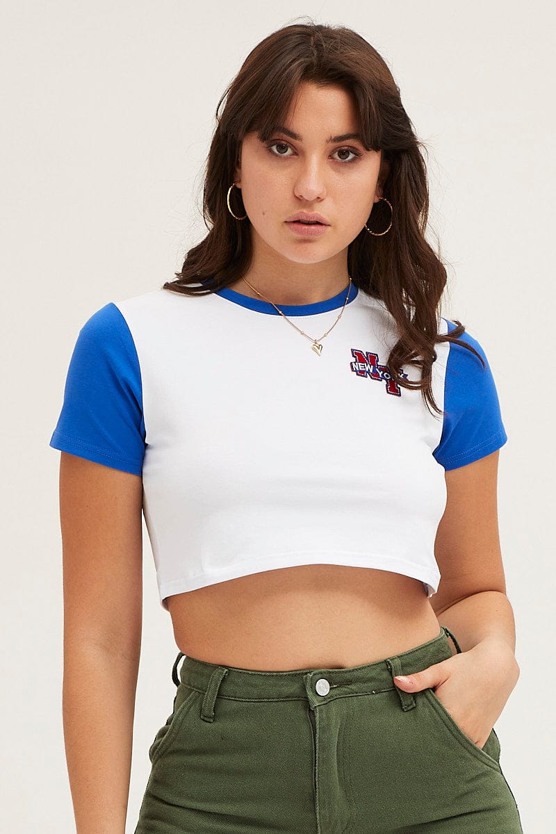GRAPHIC TEE Blue Varsity Baby Tee for Women by Ally