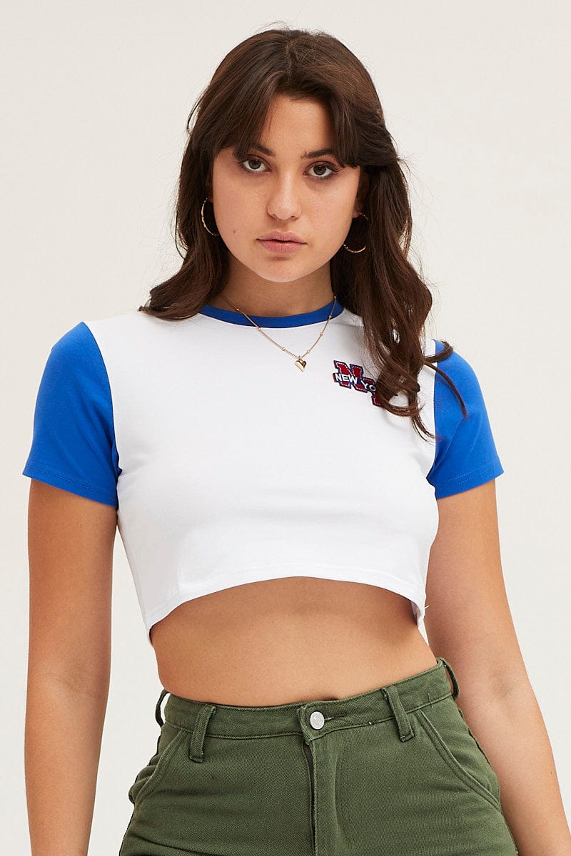 GRAPHIC TEE Blue Varsity Baby Tee for Women by Ally