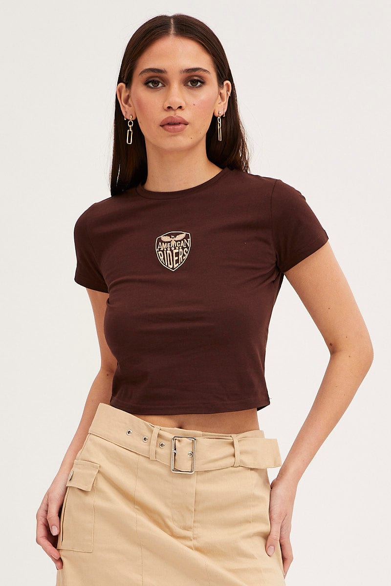 GRAPHIC TEE Brown Baby Tee Crew Short Sleeve Graphic Crop for Women by Ally