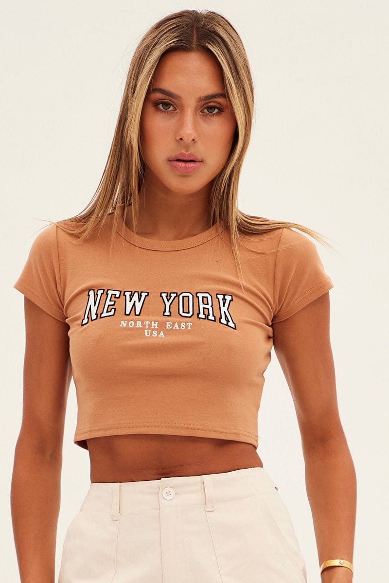 Brown Baby Tee Short Sleeve Crop Round Neck for Ally Fashion