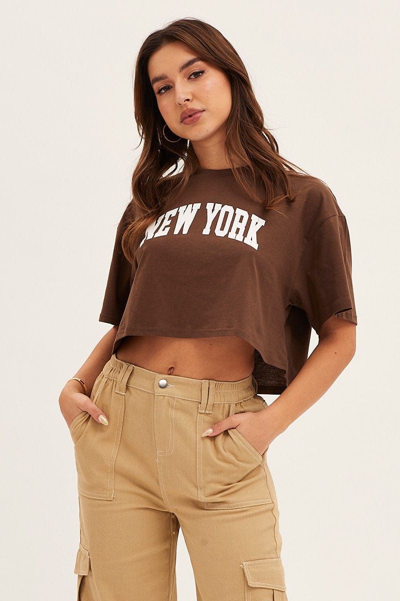 GRAPHIC TEE Brown Crew Neck Tee for Women by Ally