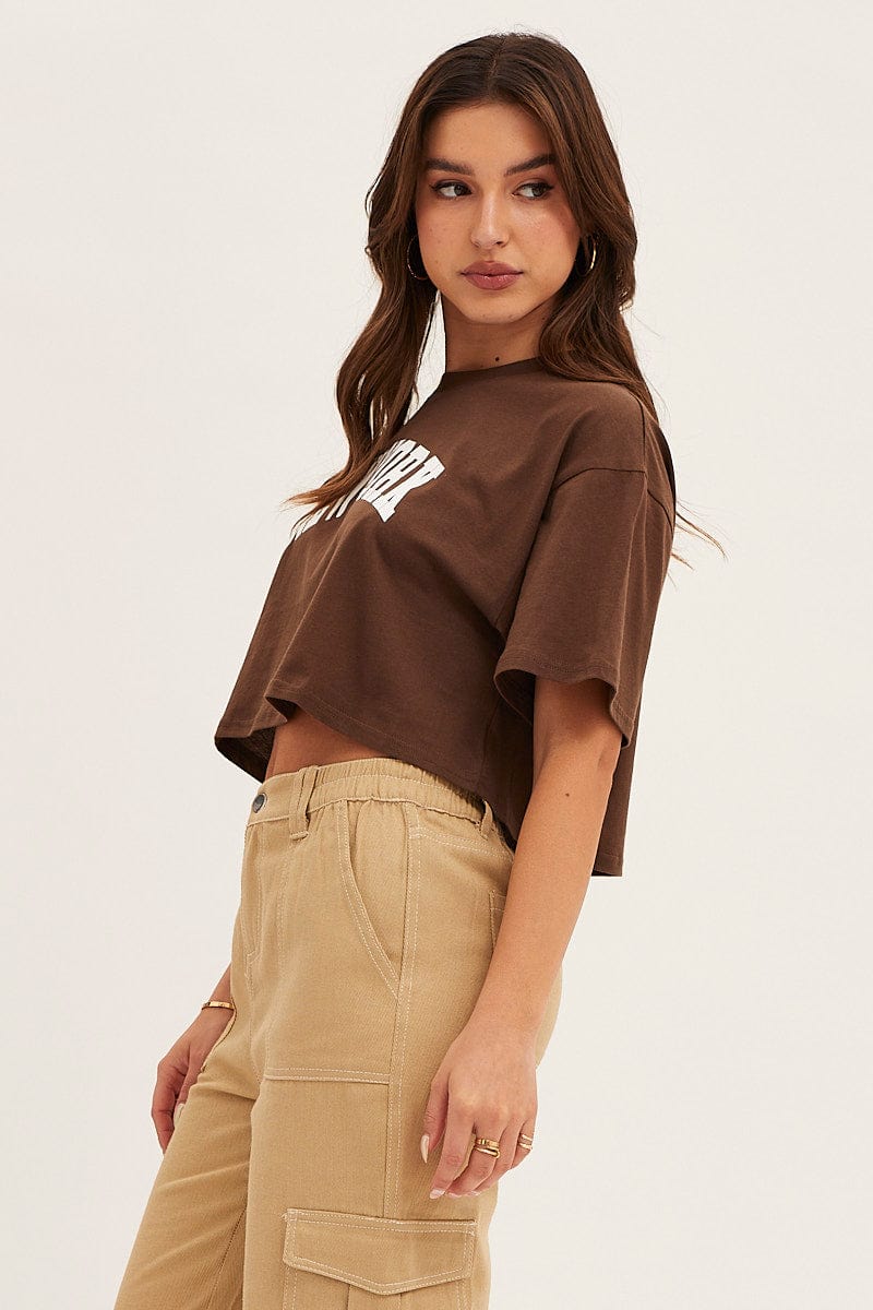 GRAPHIC TEE Brown Crew Neck Tee for Women by Ally