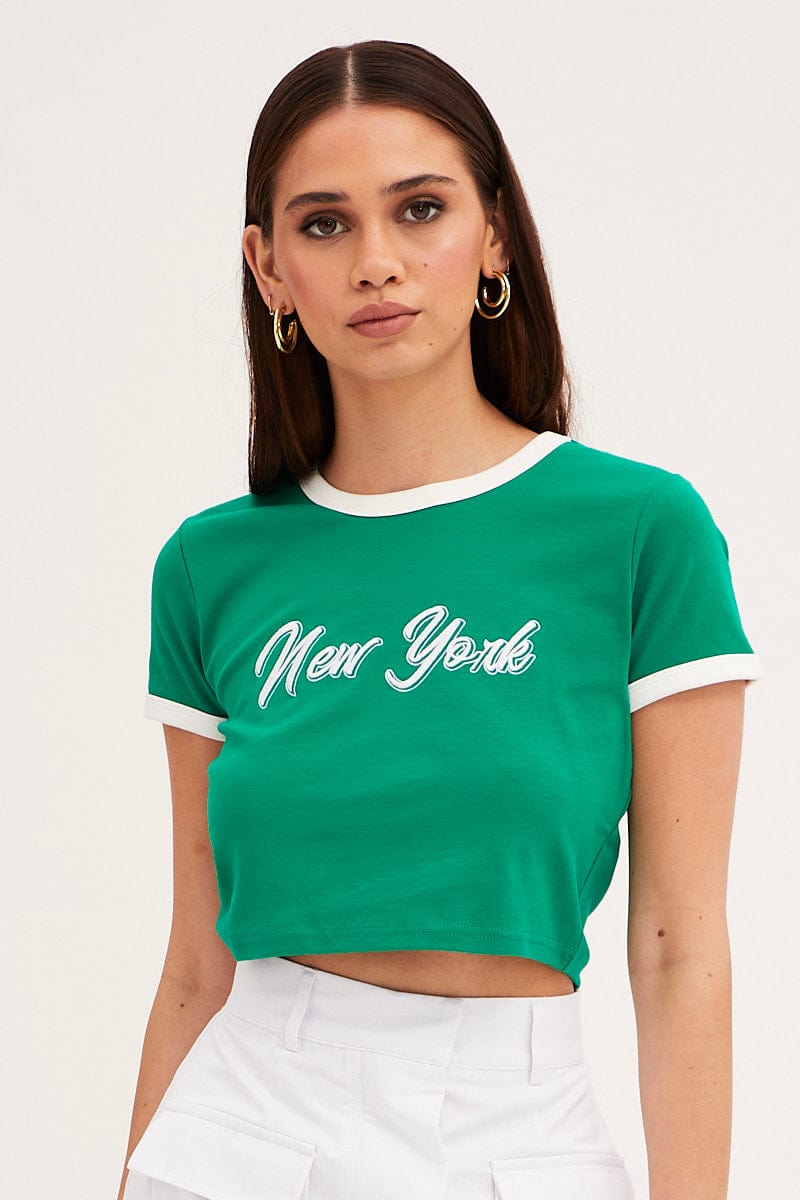 Green Baby Tee Short Sleeve Crew Neck Crop New York | Ally Fashion