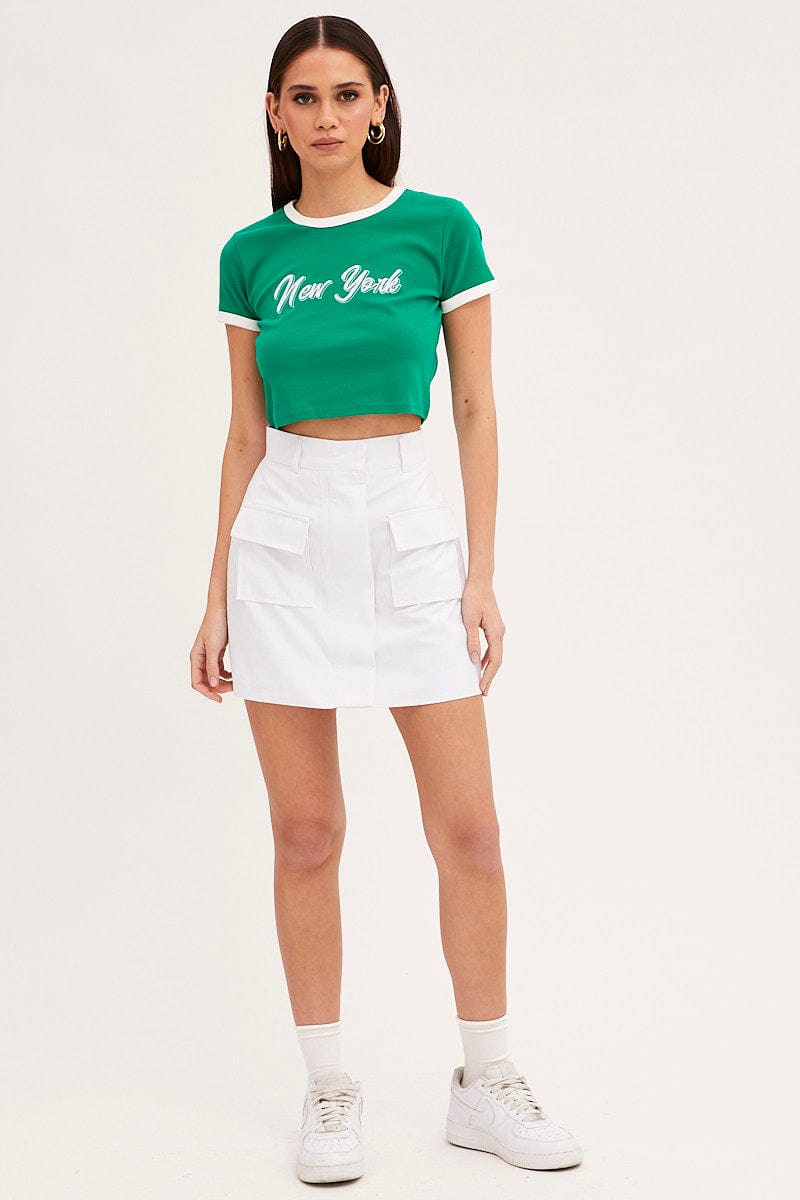 GRAPHIC TEE Green Baby Tee Short Sleeve Crew Neck Crop New York for Women by Ally