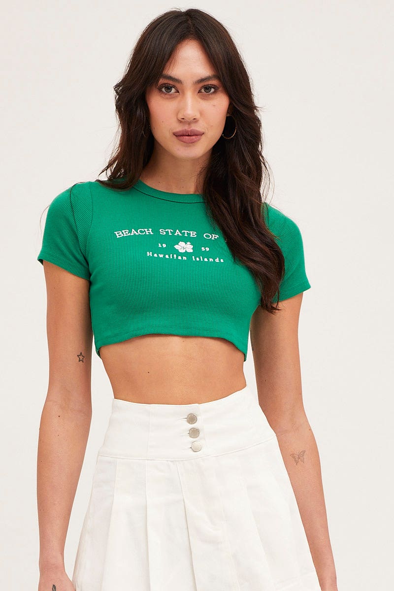 GRAPHIC TEE Green Embroidered Crew Neck Baby Tee for Women by Ally