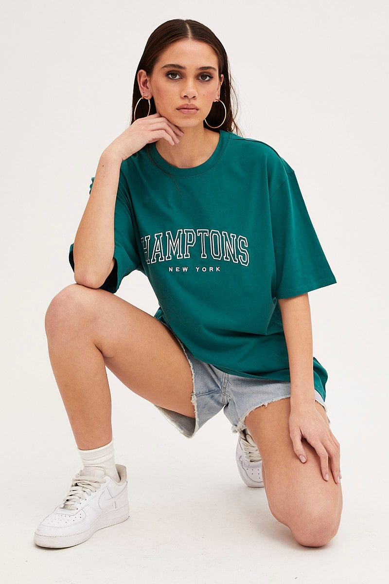 GRAPHIC TEE Green Short Sleeve Embroidered Crew Neck Tee for Women by Ally