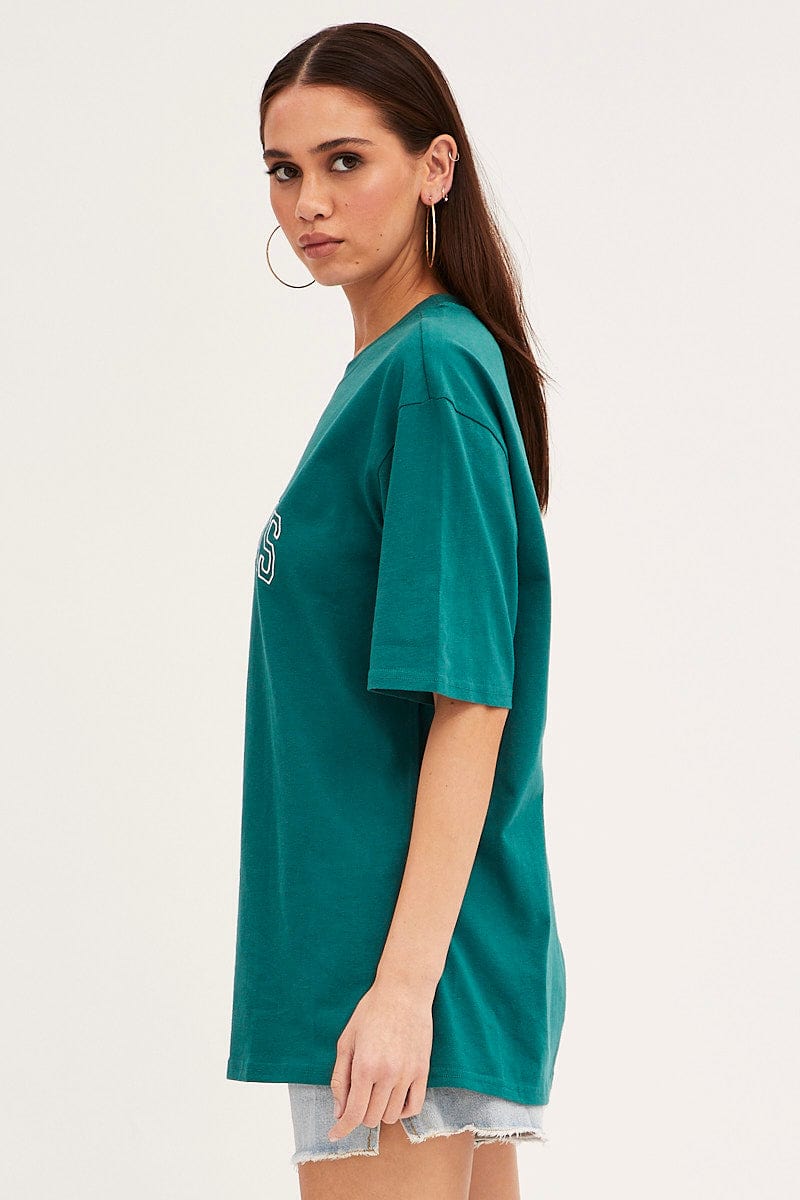 GRAPHIC TEE Green Short Sleeve Embroidered Crew Neck Tee for Women by Ally