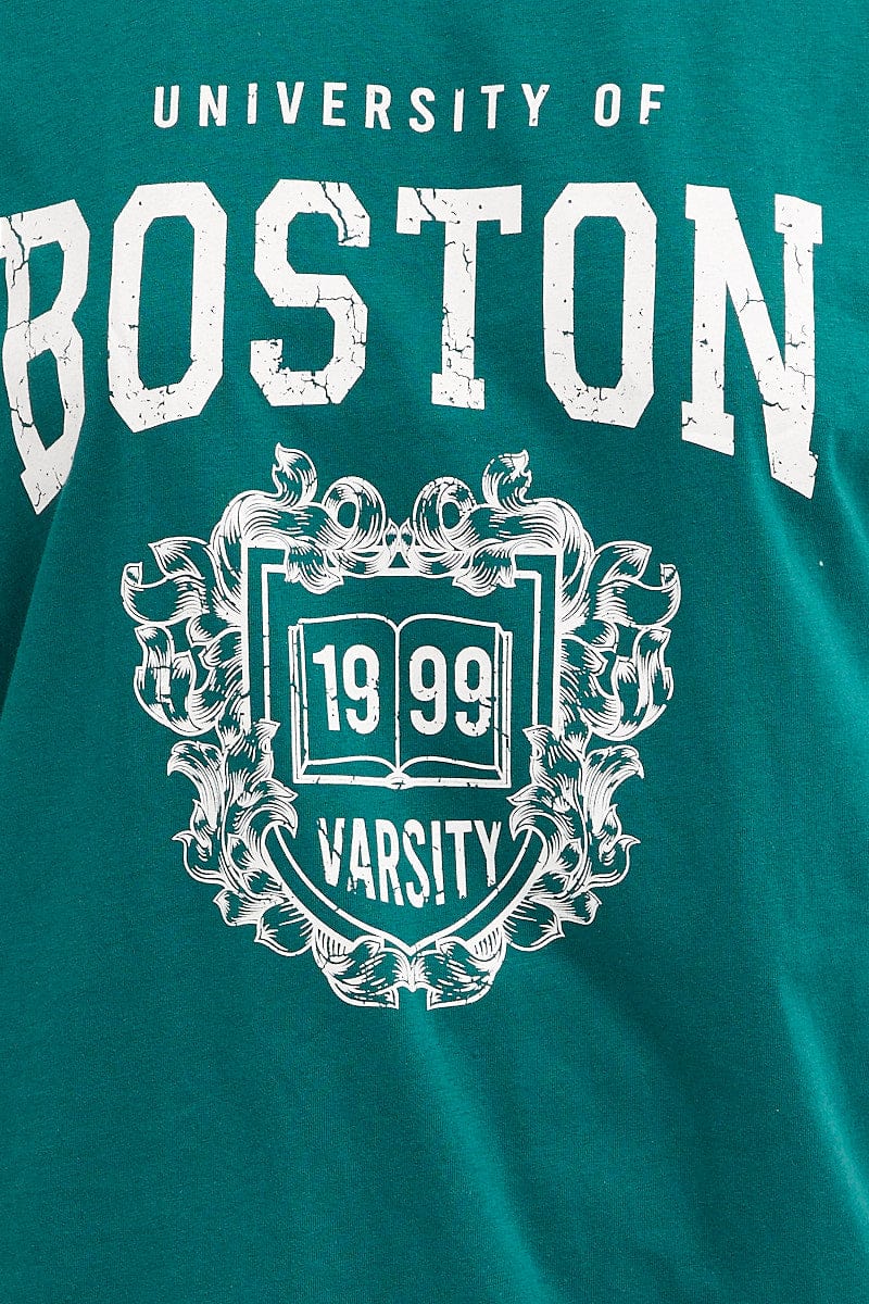 GRAPHIC TEE Green T Shirt Short Sleeve Crew Neck Boston Cotton for Women by Ally