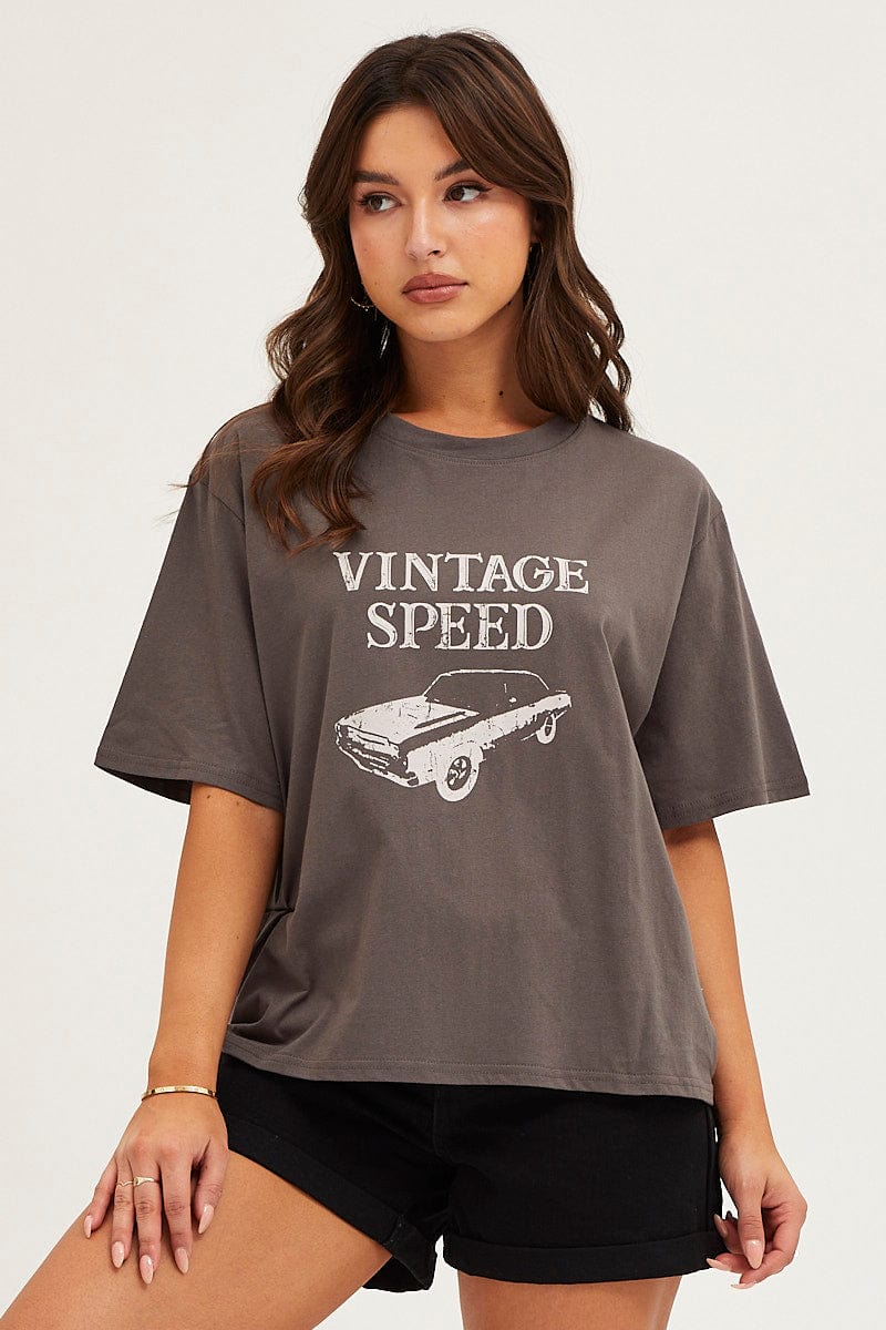 GRAPHIC TEE Grey Crew Neck Graphic T-Shirt for Women by Ally