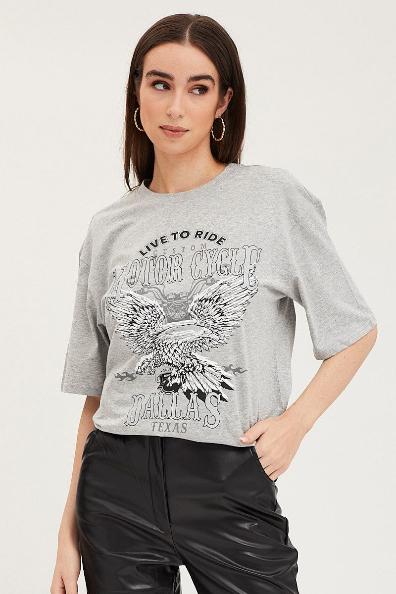 GRAPHIC TEE Grey Crew Neck Oversized Tee for Women by Ally