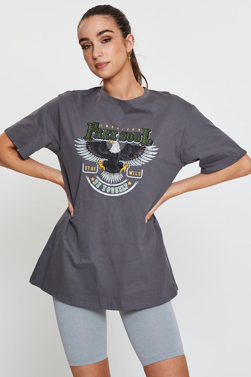 GRAPHIC TEE Grey Graphic T Shirt Short Sleeve for Women by Ally