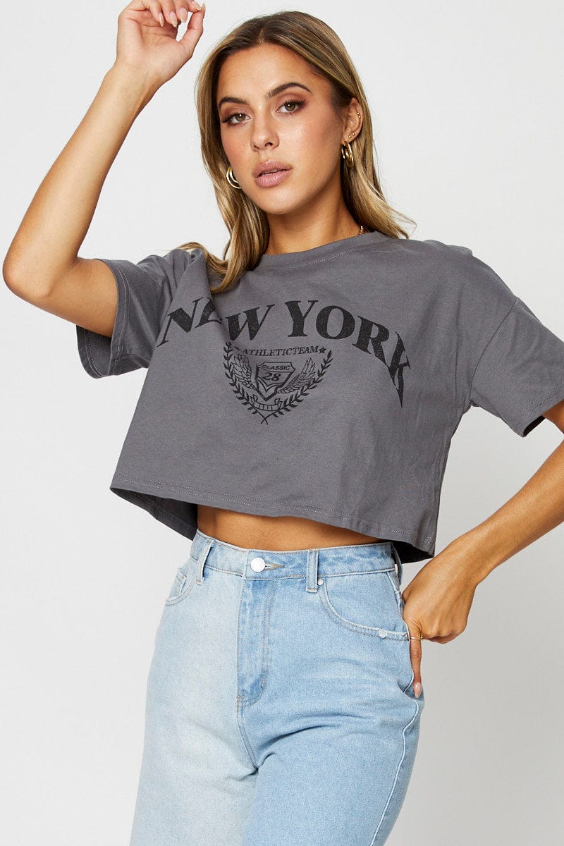 GRAPHIC TEE Grey Graphic T Shirt Short Sleeve for Women by Ally