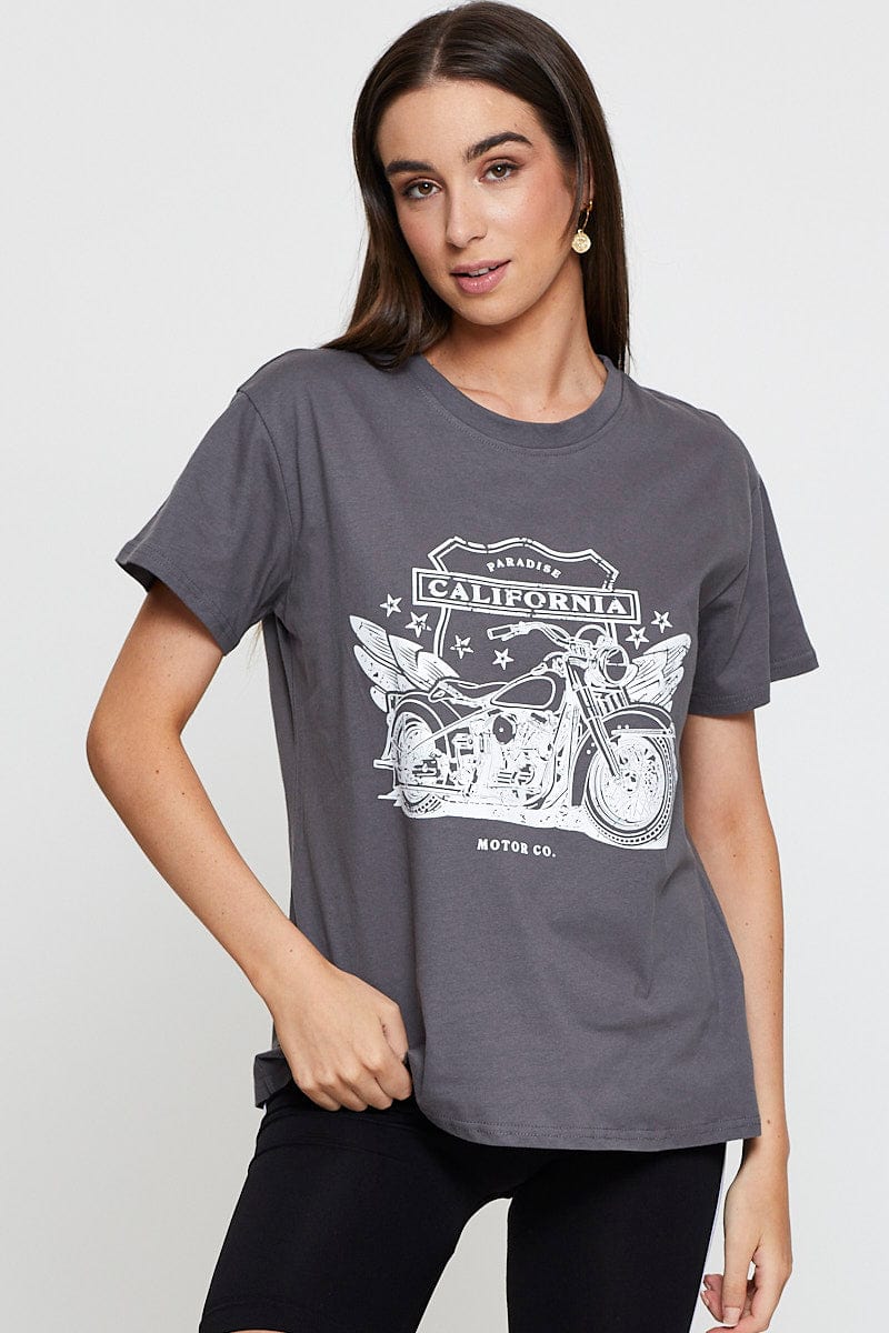 GRAPHIC TEE Grey Graphic T Shirt Short Sleeve for Women by Ally