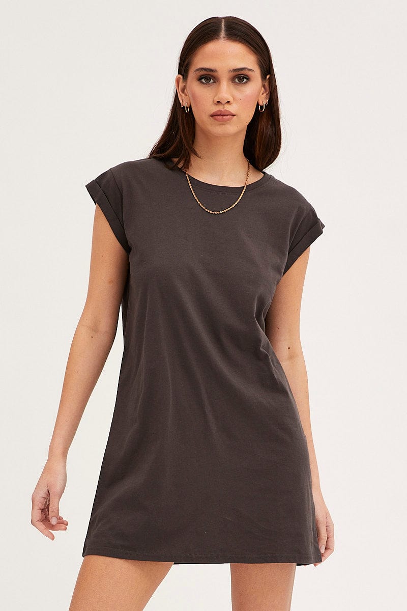 GRAPHIC TEE Grey T-Shirt Dress Crew Short Sleeve Graphic for Women by Ally