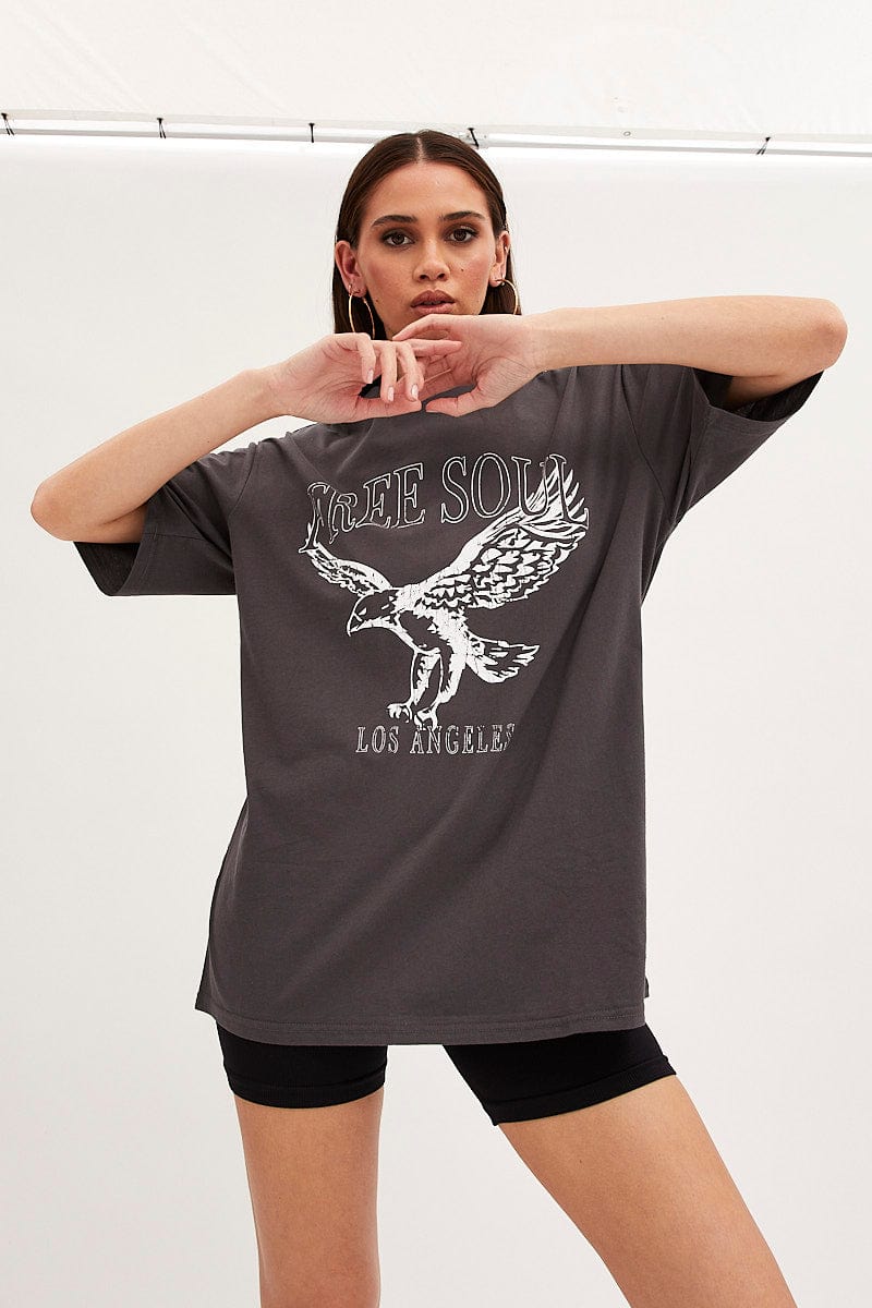 GRAPHIC TEE Grey T Shirt Short Sleeve Crew Neck Eagle Cotton for Women by Ally