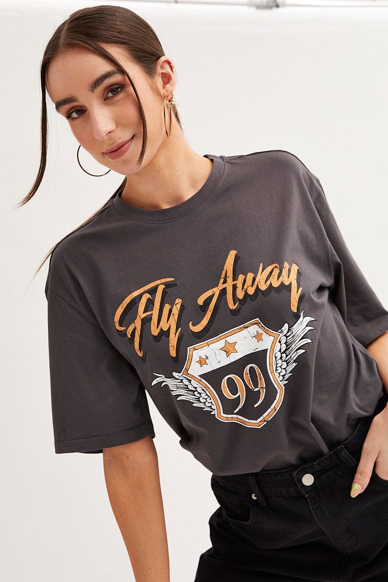 GRAPHIC TEE Grey T Shirt Short Sleeve Crew Neck Fly Away Cotton for Women by Ally