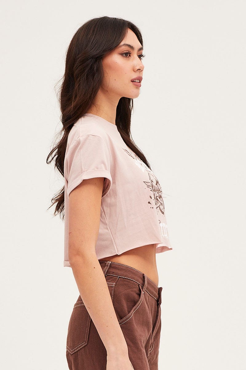 GRAPHIC TEE Pink Short Sleeve Crop Tee for Women by Ally