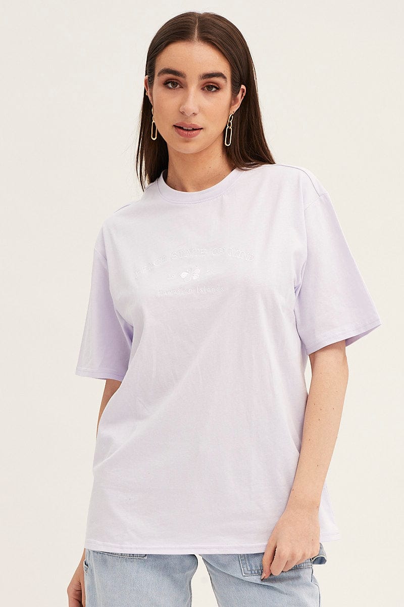 GRAPHIC TEE Purple Embroidered Crew Neck Oversized Tee for Women by Ally