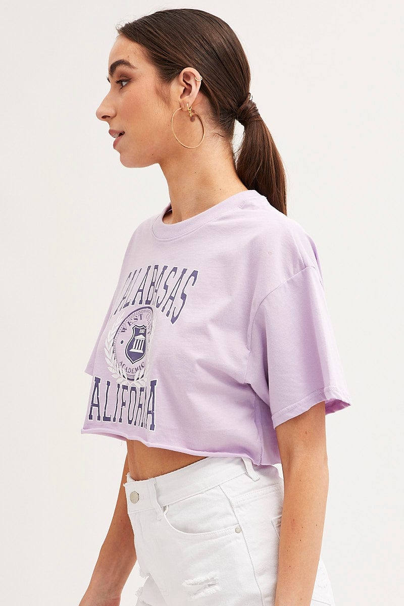 GRAPHIC TEE Purple Graphic T Shirt Crop Short Sleeve Round Neck for Women by Ally