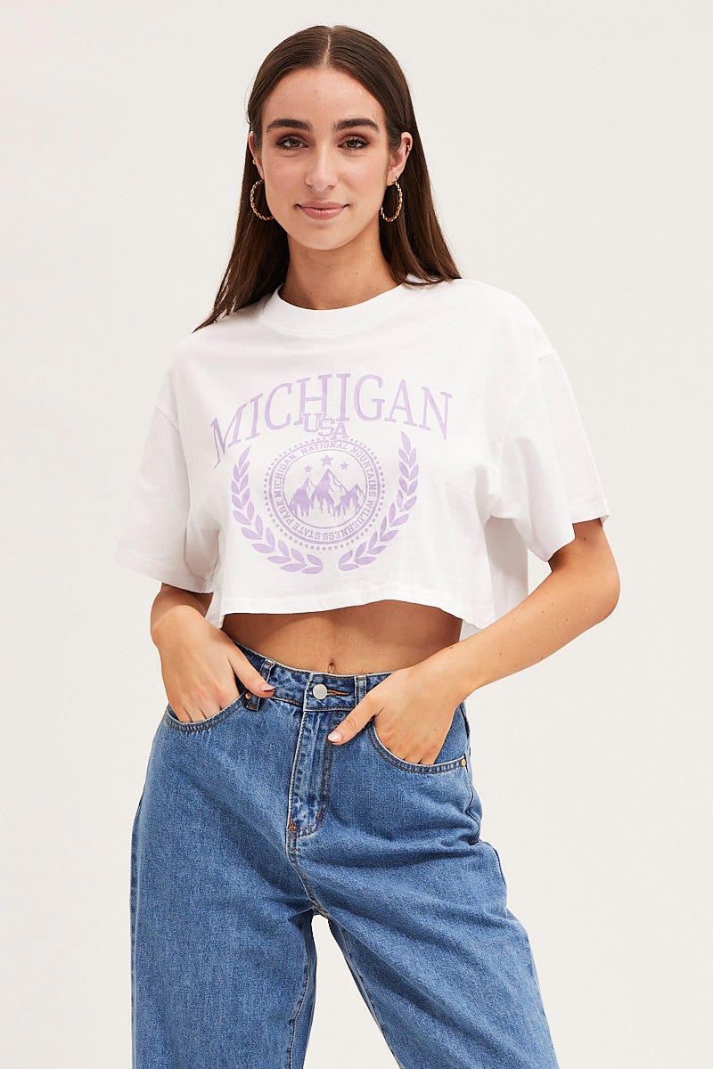 GRAPHIC TEE White Crew Cropped Graphic T-Shirt for Women by Ally