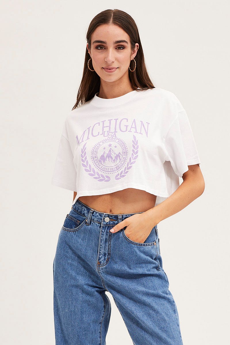 GRAPHIC TEE White Crew Cropped Graphic T-Shirt for Women by Ally