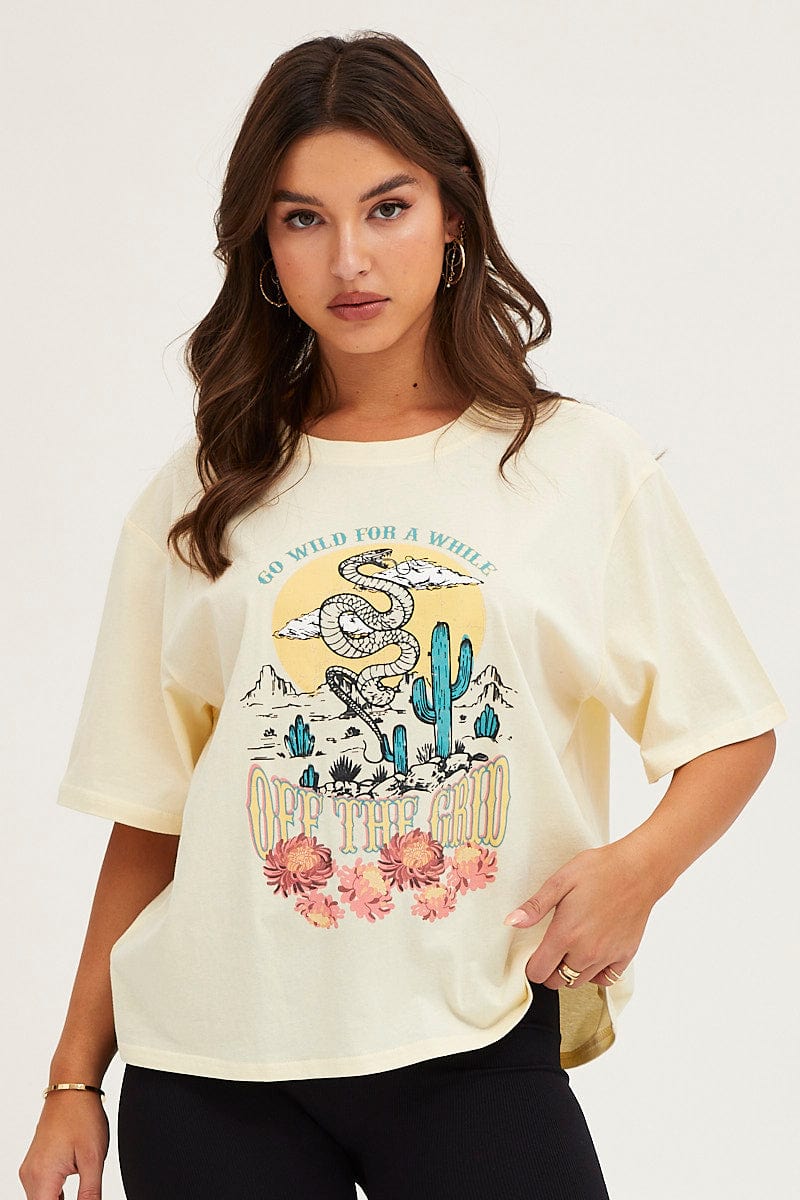 GRAPHIC TEE White Crew Neck Graphic T-Shirt for Women by Ally