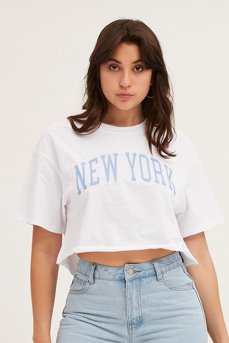 GRAPHIC TEE White Crop T Shirt Embroided for Women by Ally