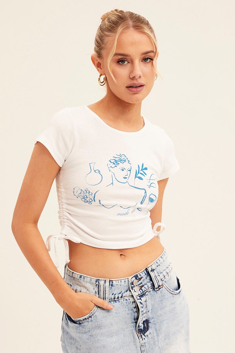 GRAPHIC TEE White Crop Top Short Sleeve Crew Neck Ruched Rib for Women by Ally