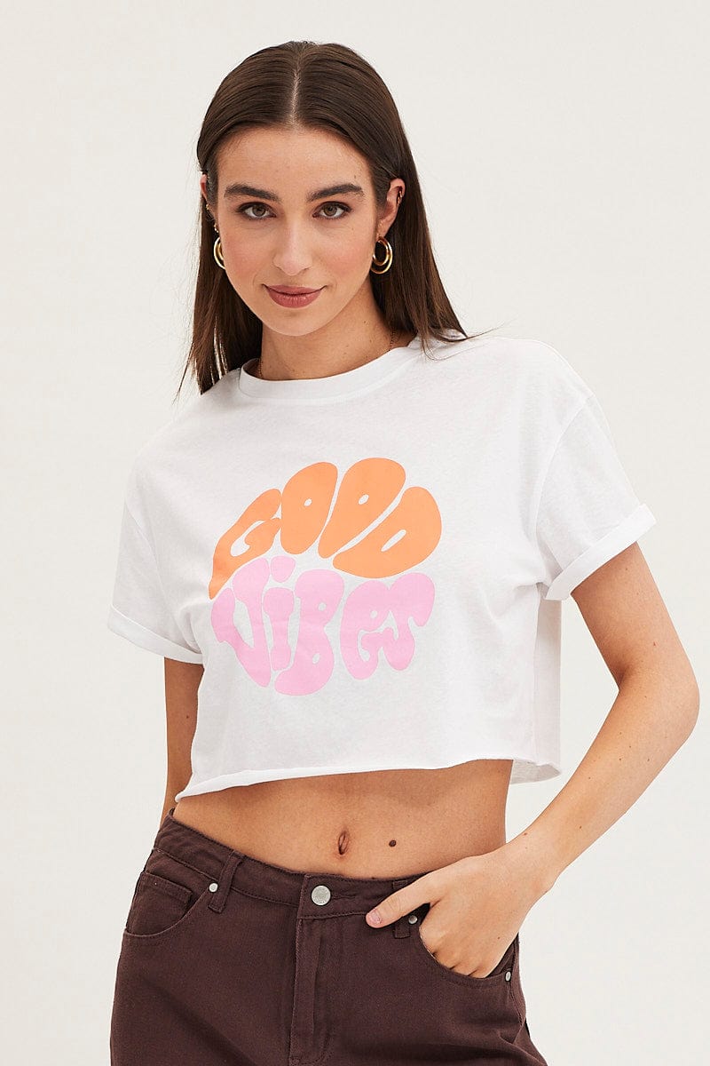 GRAPHIC TEE White Graphic T Shirt Short Sleeve for Women by Ally