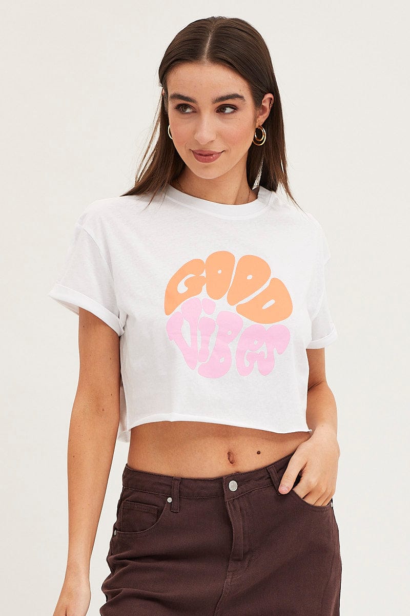 GRAPHIC TEE White Graphic T Shirt Short Sleeve for Women by Ally