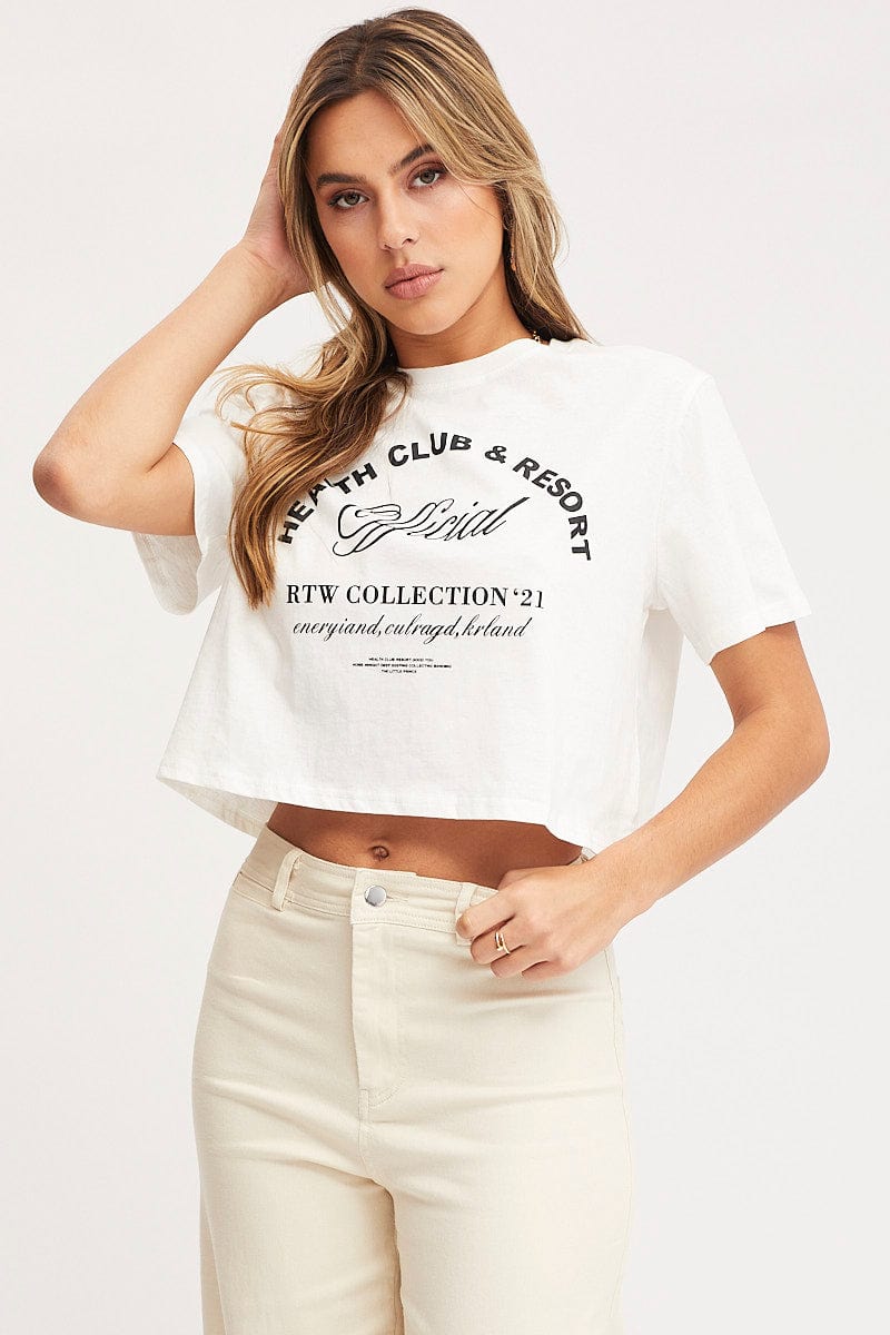 GRAPHIC TEE White Graphic T Shirt Short Sleeve Crop for Women by Ally