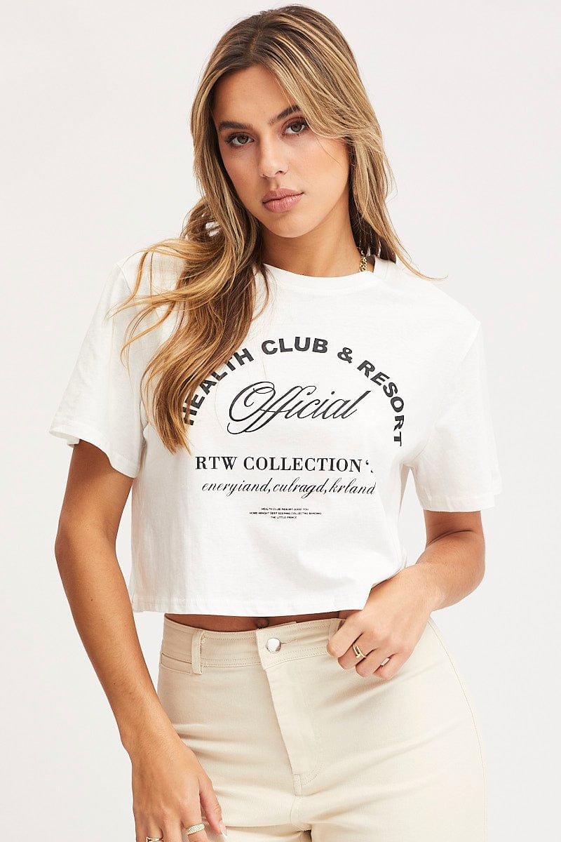 GRAPHIC TEE White Graphic T Shirt Short Sleeve Crop for Women by Ally