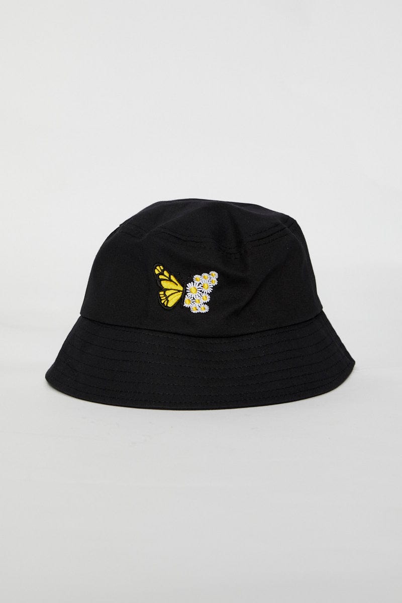 HATS Black Butterfly & Flower Bucket Hat for Women by Ally