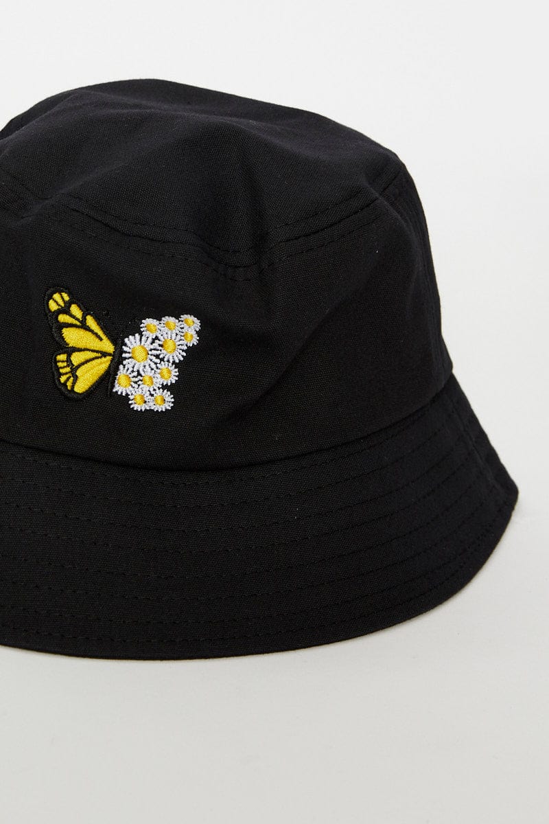 HATS Black Butterfly & Flower Bucket Hat for Women by Ally