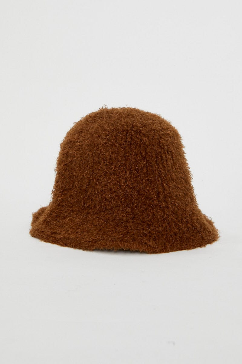 HATS Brown Fuzzy Bucket Hat for Women by Ally