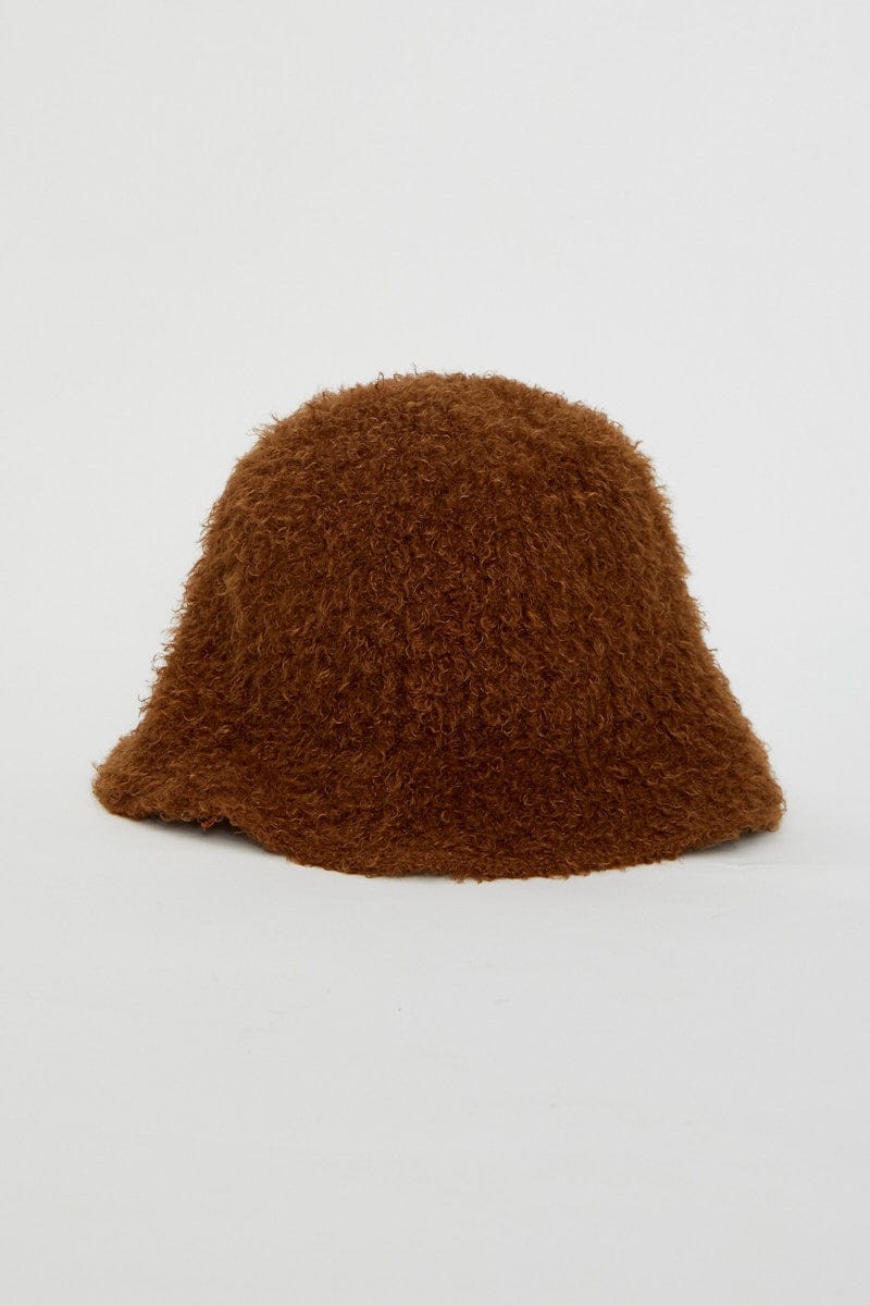 HATS Brown Fuzzy Bucket Hat for Women by Ally