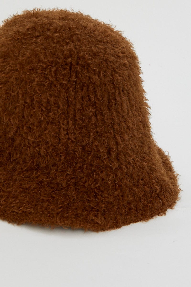 HATS Brown Fuzzy Bucket Hat for Women by Ally