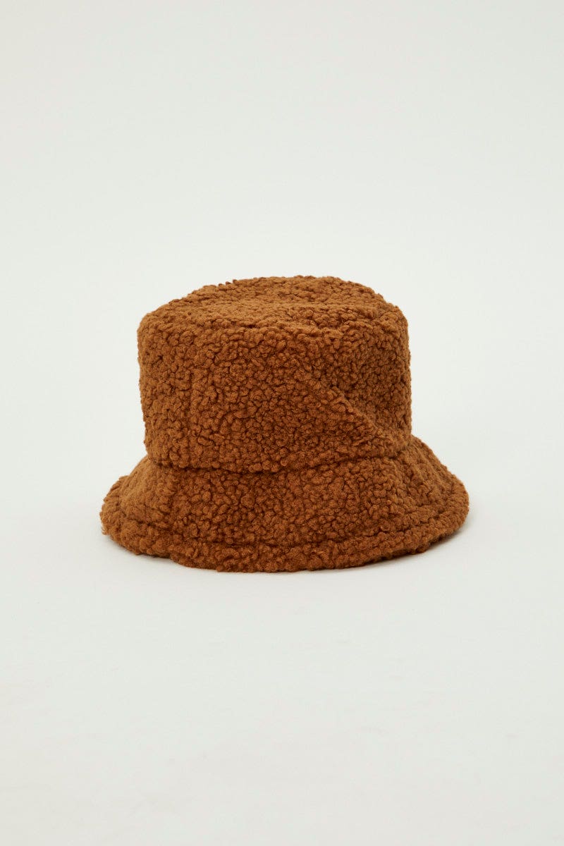 HATS Brown Teddy Borg Bucket Hat for Women by Ally