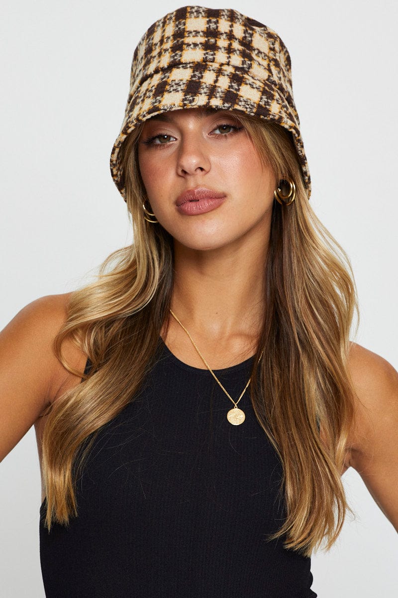 HATS Camel Plaid Bucket Hat for Women by Ally