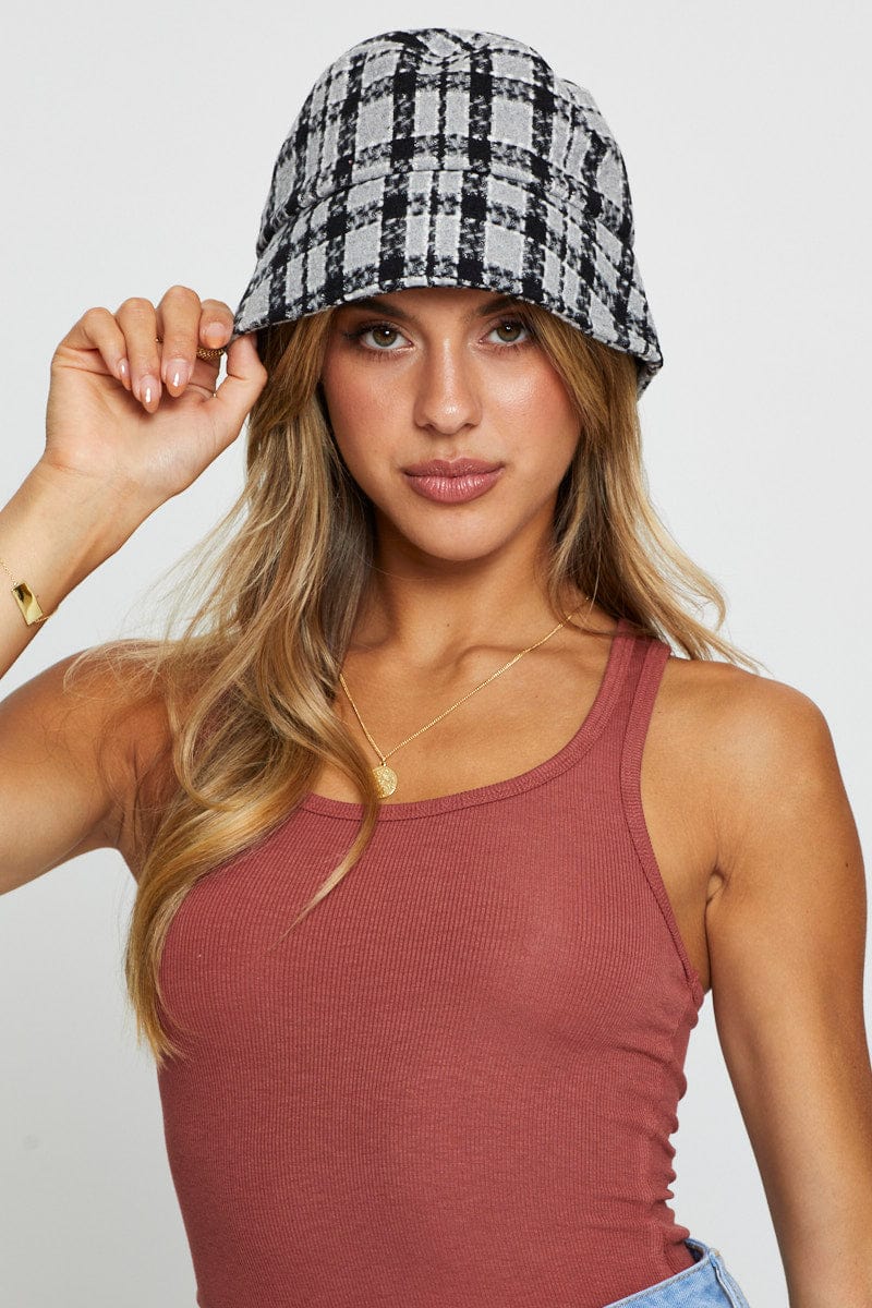 HATS Grey Plaid Bucket Hat for Women by Ally