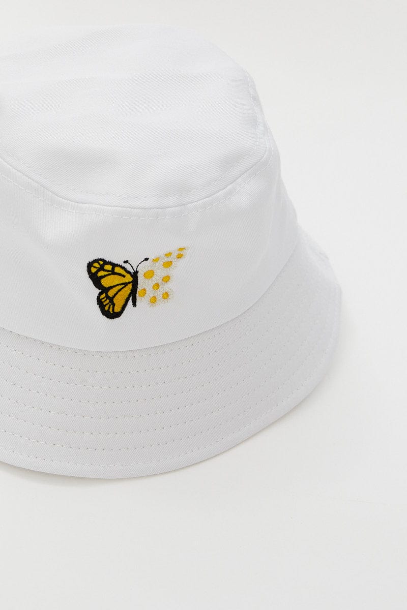 HATS White Butterfly & Flower Bucket Hat for Women by Ally