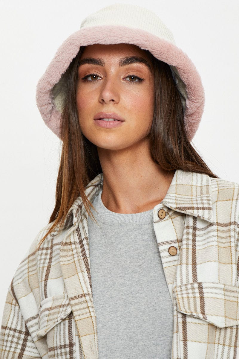 HATS White Cord Teddy Fur Trim Bucket Hat for Women by Ally