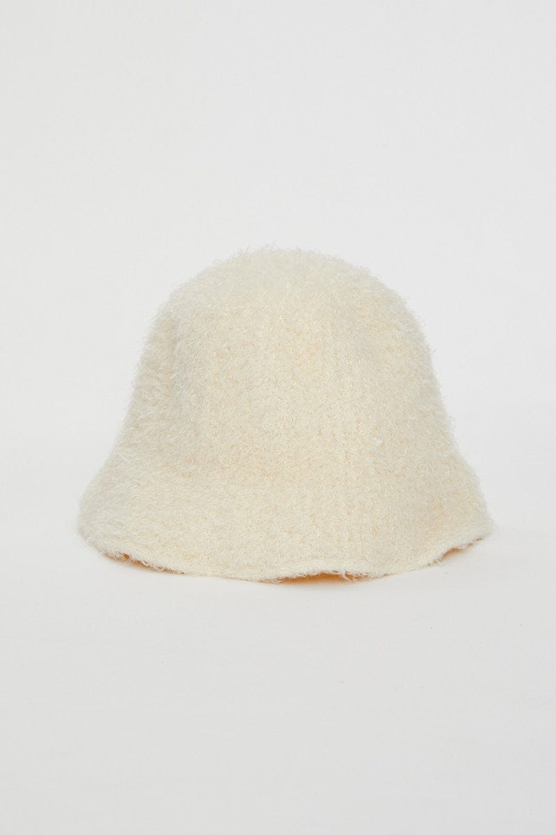 HATS White Fuzzy Bucket Hat for Women by Ally