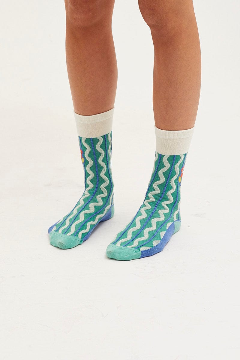 HOSIERY Green Wave And Flower Socks for Women by Ally