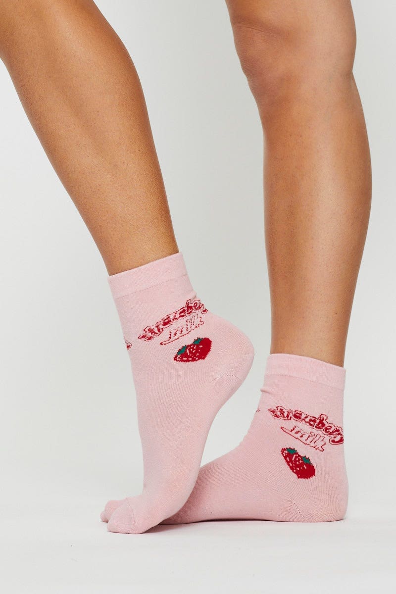 HOSIERY Print Strawberry Milk Print Socks for Women by Ally
