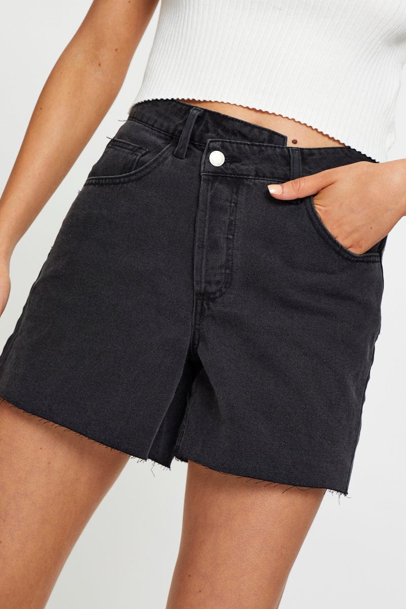 HW KNEE LENGTH SHORT Black High Rise Asymmetric Denim Shorts for Women by Ally