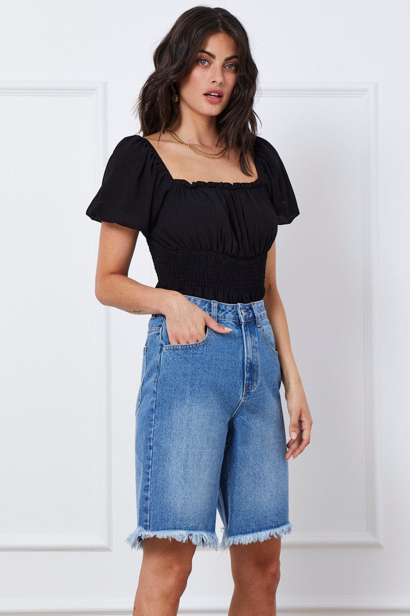 Women's Blue Knee Length Denim Shorts High Rise Ally Fashion